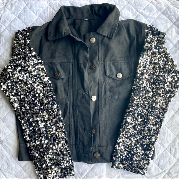 Party Wear Sequin Denim Jacket for Women, Black - Picture 3 of 7
